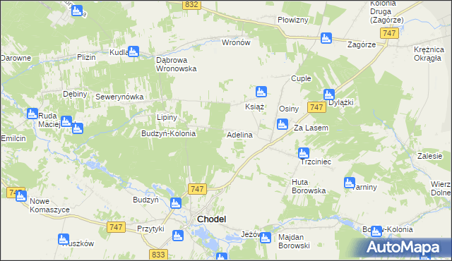 mapa Adelina gmina Chodel, Adelina gmina Chodel na mapie Targeo