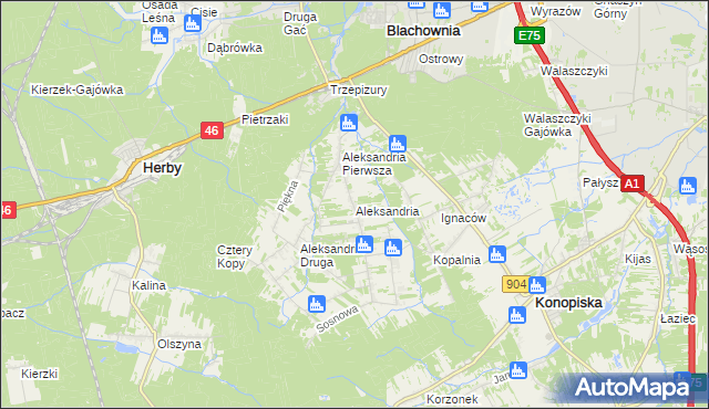 mapa Aleksandria gmina Konopiska, Aleksandria gmina Konopiska na mapie Targeo