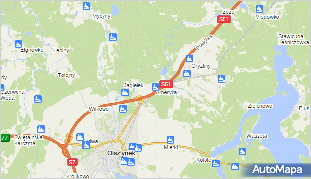 mapa Ameryka gmina Olsztynek, Ameryka gmina Olsztynek na mapie Targeo