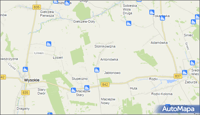 mapa Antoniówka gmina Wysokie, Antoniówka gmina Wysokie na mapie Targeo