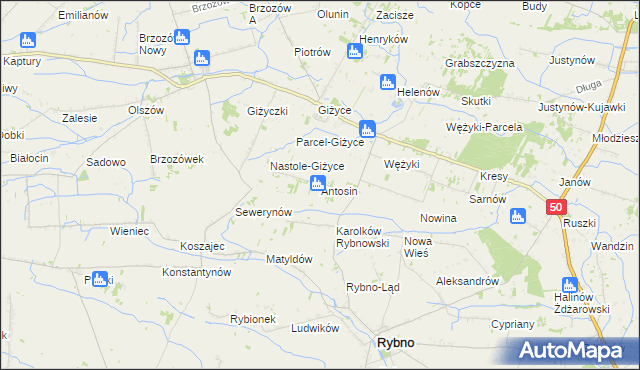 mapa Antosin gmina Rybno, Antosin gmina Rybno na mapie Targeo