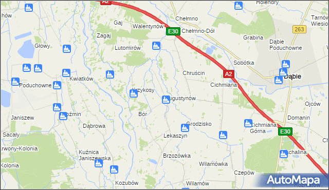 mapa Augustynów gmina Dąbie, Augustynów gmina Dąbie na mapie Targeo