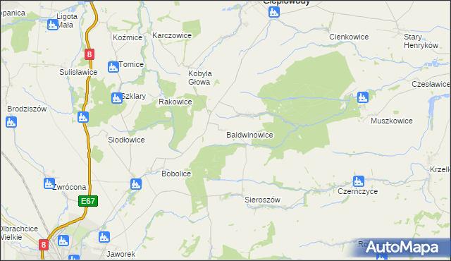 mapa Baldwinowice gmina Ciepłowody, Baldwinowice gmina Ciepłowody na mapie Targeo