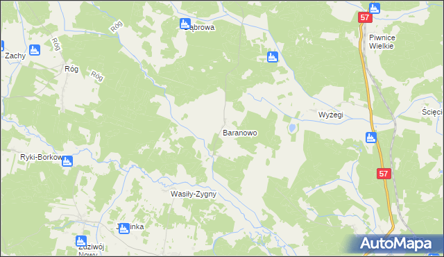 mapa Baranowo gmina Wielbark, Baranowo gmina Wielbark na mapie Targeo