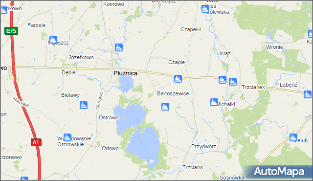 mapa Bartoszewice gmina Płużnica, Bartoszewice gmina Płużnica na mapie Targeo