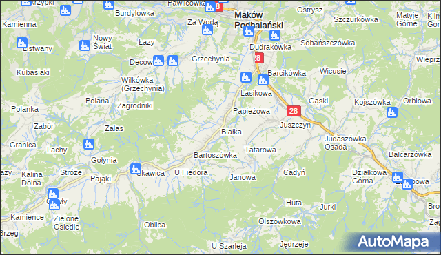 mapa Białka gmina Maków Podhalański, Białka gmina Maków Podhalański na mapie Targeo