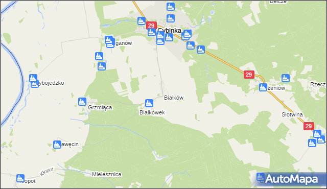mapa Białków gmina Cybinka, Białków gmina Cybinka na mapie Targeo