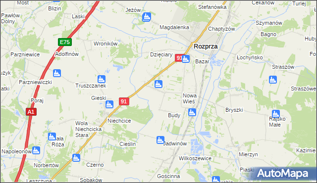 mapa Białocin gmina Rozprza, Białocin gmina Rozprza na mapie Targeo