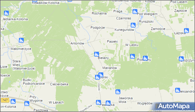 mapa Bielany gmina Ciepielów, Bielany gmina Ciepielów na mapie Targeo