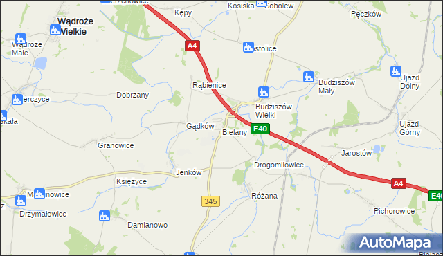 mapa Bielany gmina Wądroże Wielkie, Bielany gmina Wądroże Wielkie na mapie Targeo