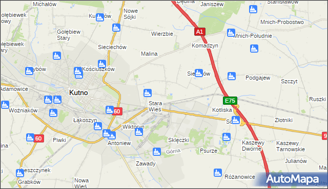 mapa Bielawki gmina Kutno, Bielawki gmina Kutno na mapie Targeo