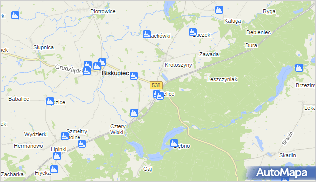 mapa Bielice gmina Biskupiec, Bielice gmina Biskupiec na mapie Targeo