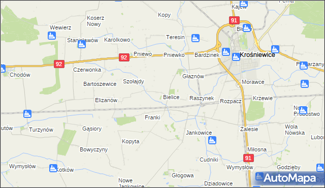 mapa Bielice gmina Krośniewice, Bielice gmina Krośniewice na mapie Targeo