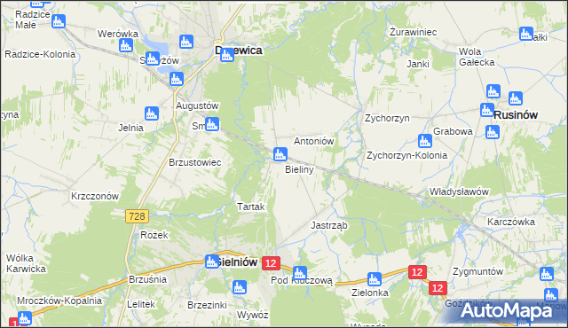 mapa Bieliny gmina Gielniów, Bieliny gmina Gielniów na mapie Targeo