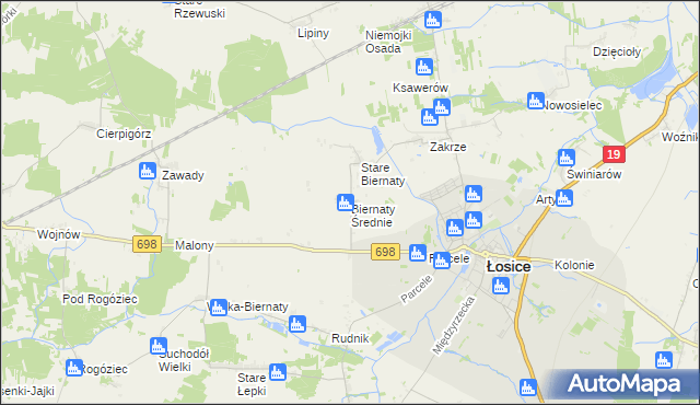 mapa Biernaty Średnie, Biernaty Średnie na mapie Targeo