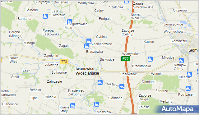mapa Biskupice gmina Iwanowice, Biskupice gmina Iwanowice na mapie Targeo