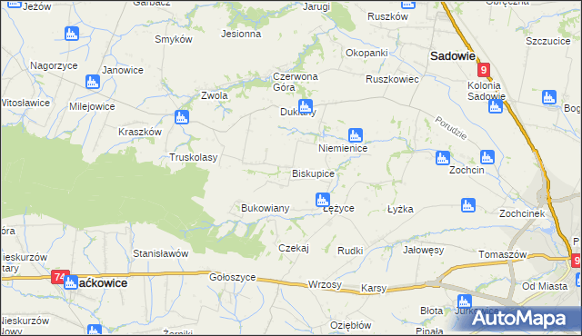 mapa Biskupice gmina Sadowie, Biskupice gmina Sadowie na mapie Targeo