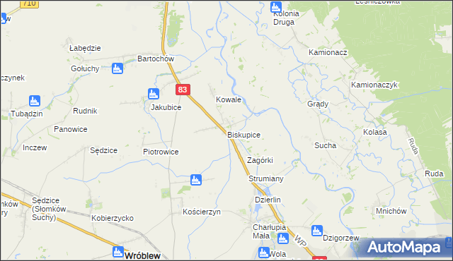 mapa Biskupice gmina Sieradz, Biskupice gmina Sieradz na mapie Targeo