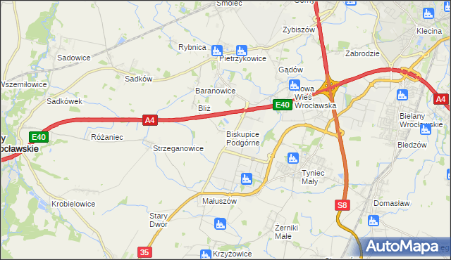 mapa Biskupice Podgórne, Biskupice Podgórne na mapie Targeo