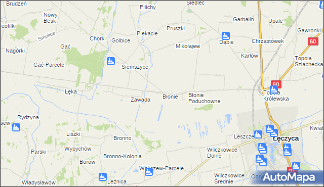 mapa Błonie gmina Łęczyca, Błonie gmina Łęczyca na mapie Targeo