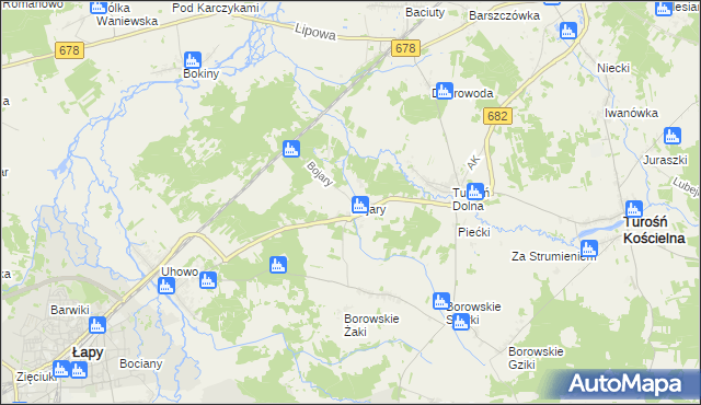mapa Bojary gmina Turośń Kościelna, Bojary gmina Turośń Kościelna na mapie Targeo
