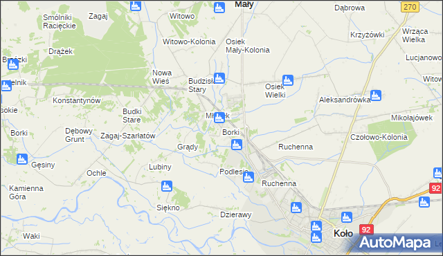 mapa Borki gmina Koło, Borki gmina Koło na mapie Targeo