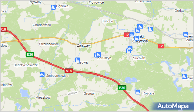 mapa Boruszyn gmina Lipinki Łużyckie, Boruszyn gmina Lipinki Łużyckie na mapie Targeo
