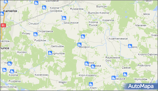mapa Borzęcin gmina Gorzkowice, Borzęcin gmina Gorzkowice na mapie Targeo