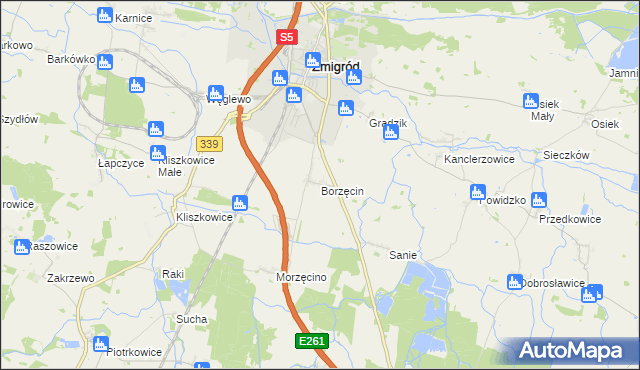 mapa Borzęcin gmina Żmigród, Borzęcin gmina Żmigród na mapie Targeo