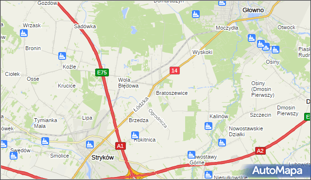 mapa Bratoszewice, Bratoszewice na mapie Targeo
