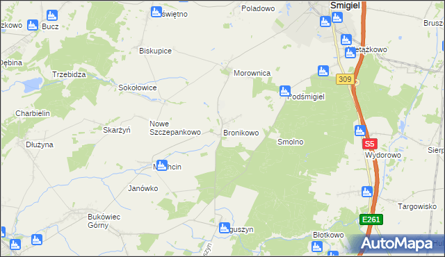 mapa Bronikowo gmina Śmigiel, Bronikowo gmina Śmigiel na mapie Targeo