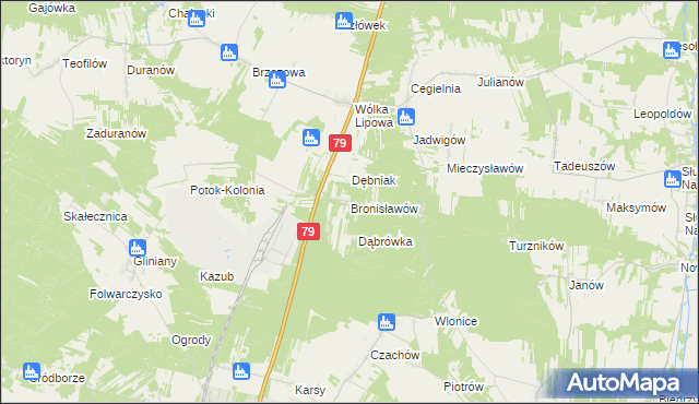 mapa Bronisławów gmina Tarłów, Bronisławów gmina Tarłów na mapie Targeo