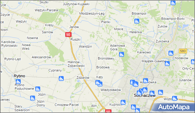 mapa Bronisławy gmina Sochaczew, Bronisławy gmina Sochaczew na mapie Targeo