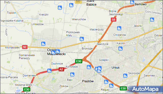 mapa Bronisze gmina Ożarów Mazowiecki, Bronisze gmina Ożarów Mazowiecki na mapie Targeo
