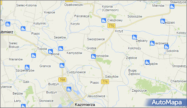 mapa Broniszów gmina Kazimierza Wielka, Broniszów gmina Kazimierza Wielka na mapie Targeo