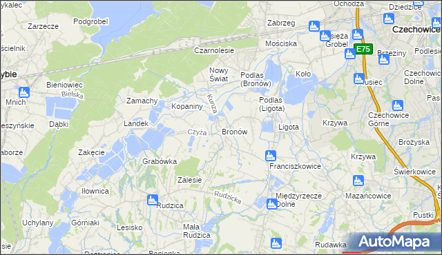 mapa Bronów gmina Czechowice-Dziedzice, Bronów gmina Czechowice-Dziedzice na mapie Targeo
