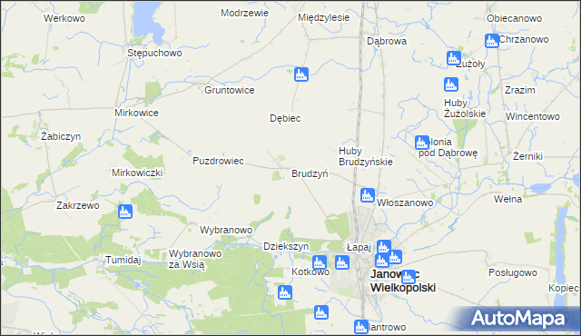 mapa Brudzyń gmina Janowiec Wielkopolski, Brudzyń gmina Janowiec Wielkopolski na mapie Targeo