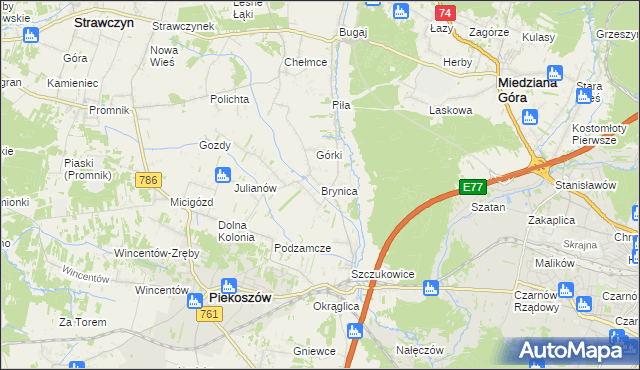 mapa Brynica gmina Piekoszów, Brynica gmina Piekoszów na mapie Targeo