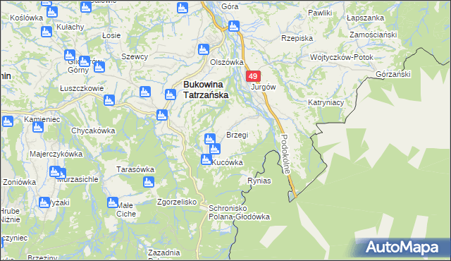 mapa Brzegi gmina Bukowina Tatrzańska, Brzegi gmina Bukowina Tatrzańska na mapie Targeo