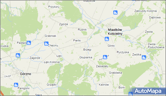 mapa Brzegi gmina Miastków Kościelny, Brzegi gmina Miastków Kościelny na mapie Targeo