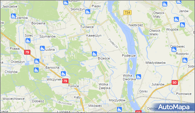mapa Brześce gmina Góra Kalwaria, Brześce gmina Góra Kalwaria na mapie Targeo