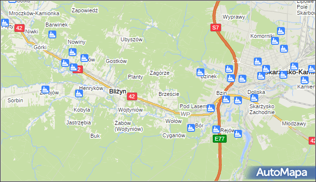 mapa Brzeście gmina Bliżyn, Brzeście gmina Bliżyn na mapie Targeo