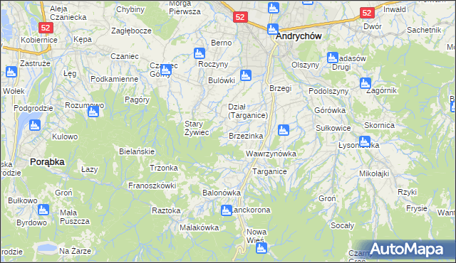 mapa Brzezinka gmina Andrychów, Brzezinka gmina Andrychów na mapie Targeo