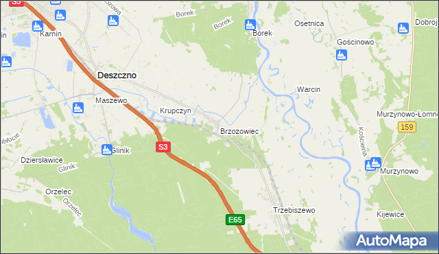 mapa Brzozowiec gmina Deszczno, Brzozowiec gmina Deszczno na mapie Targeo