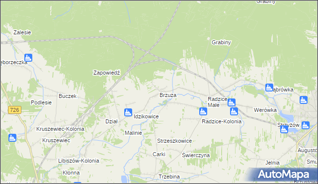 mapa Brzuza gmina Drzewica, Brzuza gmina Drzewica na mapie Targeo