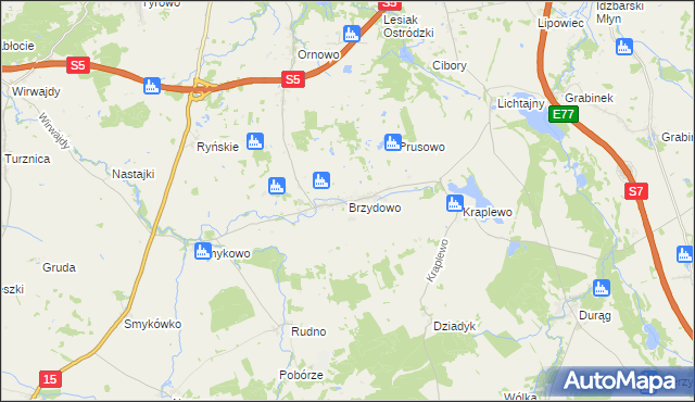 mapa Brzydowo gmina Ostróda, Brzydowo gmina Ostróda na mapie Targeo