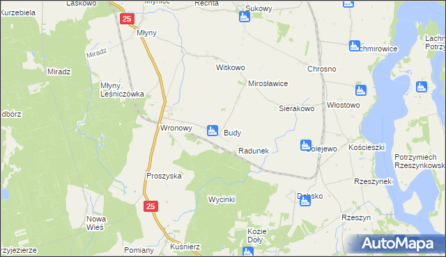 mapa Budy gmina Jeziora Wielkie, Budy gmina Jeziora Wielkie na mapie Targeo