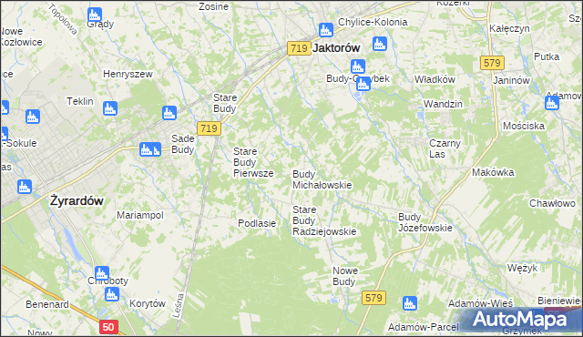 mapa Budy Michałowskie gmina Jaktorów, Budy Michałowskie gmina Jaktorów na mapie Targeo