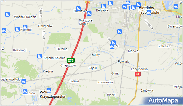 mapa Bujny gmina Wola Krzysztoporska, Bujny gmina Wola Krzysztoporska na mapie Targeo