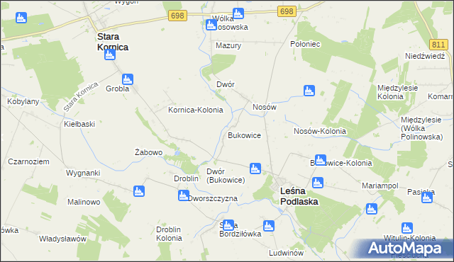 mapa Bukowice gmina Leśna Podlaska, Bukowice gmina Leśna Podlaska na mapie Targeo